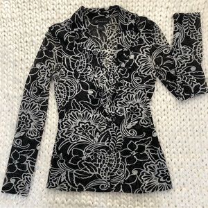 INC black white floral button down ruffle v neck long sleeve collar blouse VTG